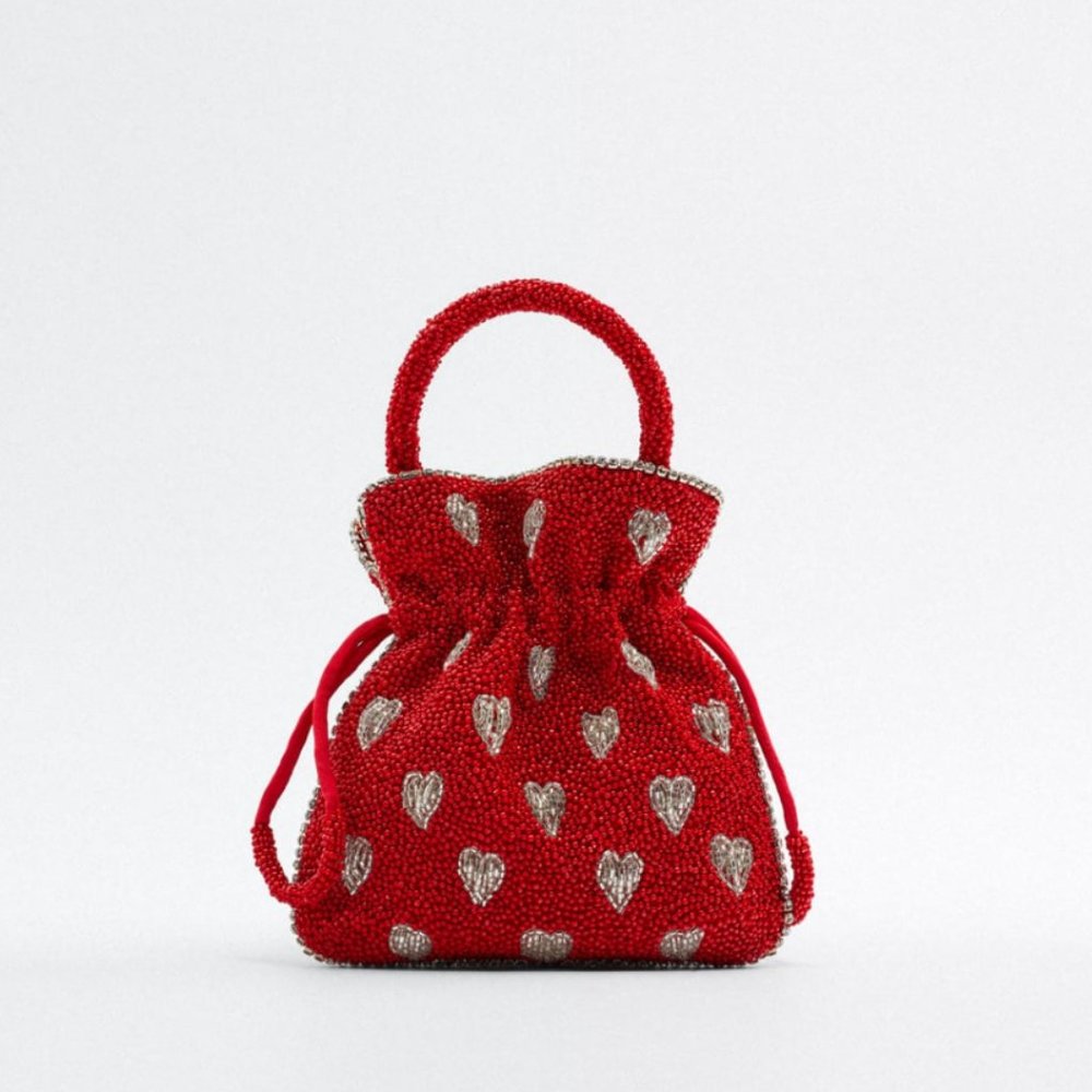 NWT LIMITED EDITION Red Beaded Mini Bucket Bag w/ Hearts